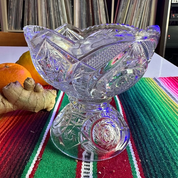 EAPG Antique Buzz Star US Glass Mini Fruit Pedestal Child Punch Bowl UV Reactive - Picture 4 of 7